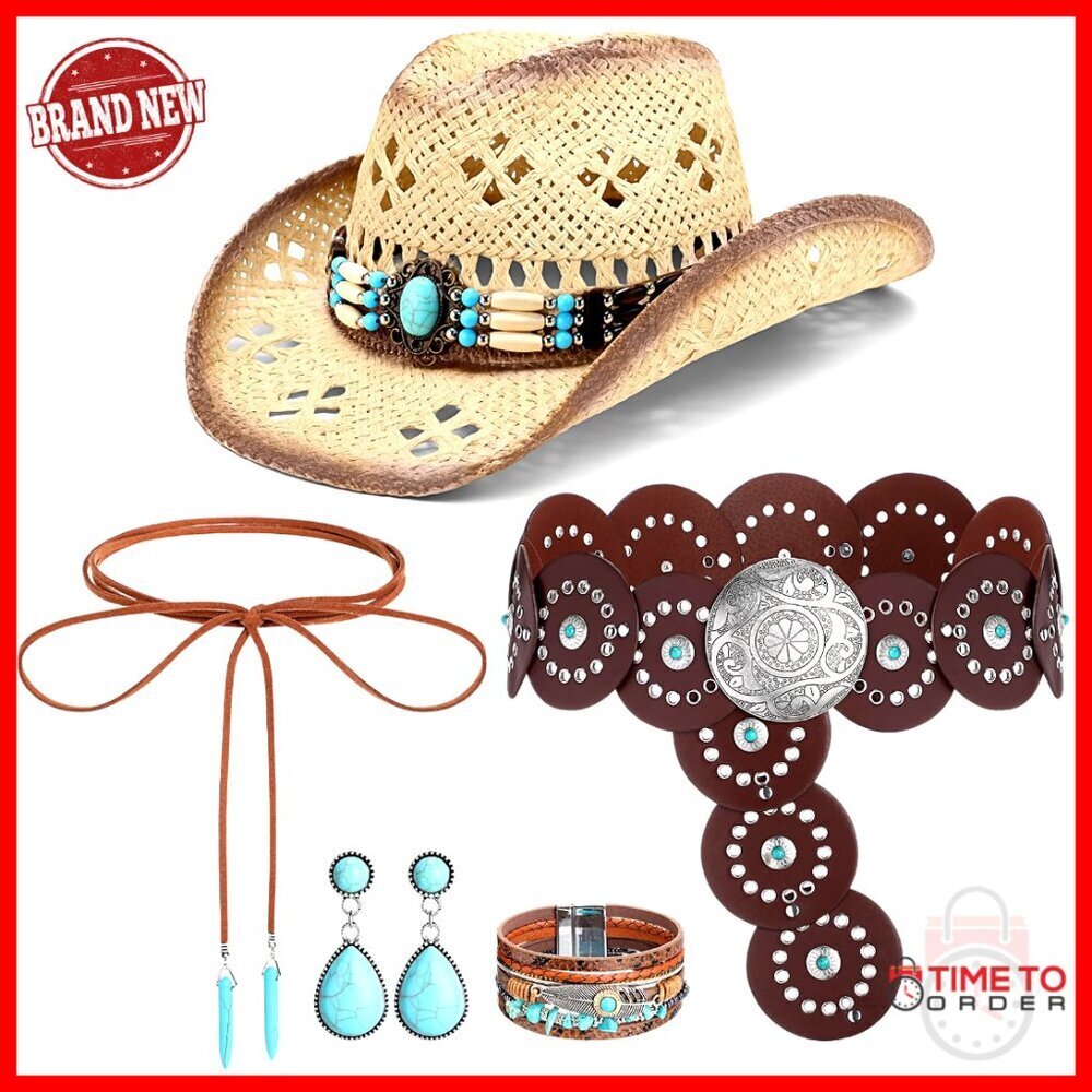 Western Boho Jewelry Set with Cowboy Hat, Belt, Necklace, Bracelet, Earrings